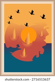Ilustração do pôr do sol com pássaros voadores, formas de velas abstratas e ondas surreais com cores de gradiente laranja quente, roxo e azul. Ótimo para arte temática de fantasia.
