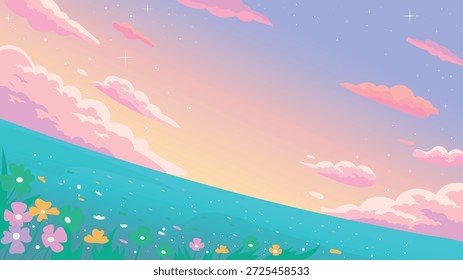 Fondo de prado de la puesta del sol de ensueño con nubes y flores rosadas suaves