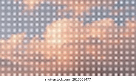 Dreamy sunset sky with clouds and halftone dot pattern vector illustration background set. Soft orange clouds blended with blue hues for atmospheric design.