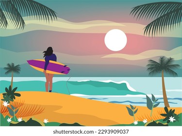 A dreamy surfing location with a lady surfer standing drawing concept. Editable Clip Art.