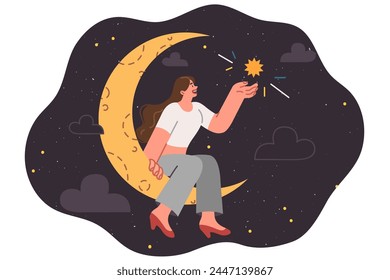 Dreamy teenage girl dreams of sitting on moon and holding star in hand, admiring beauty of night sky. Dreams of beautiful woman fantasizing about possibility of traveling around universe
