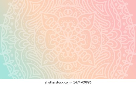 Dreamy Tender Gradient Wallpaper With Mandala Pattern. Vector Horizontal Background For Meditation Poster, Banner For Yoga School