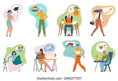 Dreamy thoughtful characters, dreaming people with thought bubbles. Happy persons dream about success, love or vacation vector illustration set. Thoughtful dreaming people imagine career promotion