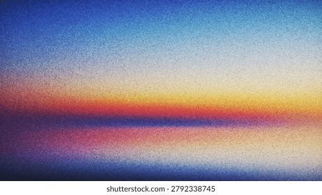 Dreamy tranquil grainy sunset reflected on still water with nostalgic analog film texture created from thousands of individual dots. Delicate film grain horizon glowing with serene dusk colors. Delicate film grain horizon glowing with serene colors of dusk. Reflection blurs the line between sky and water creating meditative landscape of warmth, nostalgia and timeless beauty for modern art or contemplative digital backgrounds. Vector background