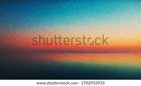 Dreamy tranquil grainy sunset reflected on still water with nostalgic analog film texture created from thousands of individual dots. Delicate film grain horizon glowing with serene dusk colors. Vector