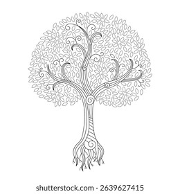 Dreamy Tree vector fantasy illustration on isolated background. Decorative graphic with woody plant, crown of leaves, roots in line art style ink. Sign of magic, wild nature, symbol of dreams, decor