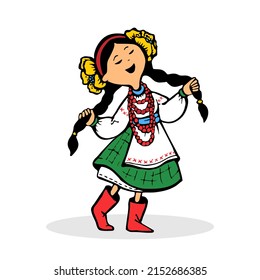 Dreamy Ukrainian girl in a national costume with pigtails and flowers on her head walks and sings with her eyes closed