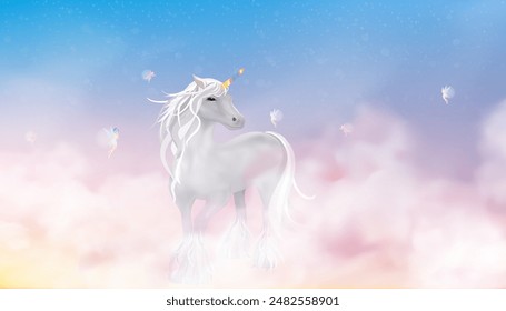 Dreamy Unicorn with with little fairies angel flying in Sunrise Sky,Vector cute cartoon Merry Christmas,Happy New Year 2025 greeting card with Fantasy landscape winter wonderland magic 