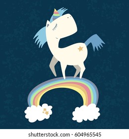 A dreamy unicorn runs along the rainbow. On a dark sky background with a worn texture. Clouds, stars, bright color. Vector illustration.