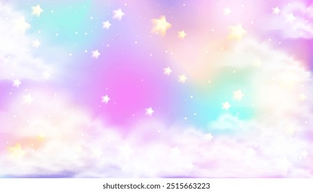 Dreamy unicorn sky background. Magic rainbow landscape with clouds and stars for fantasy princess design. Dream core concept. Stock vector illustration in surreal realistic style.