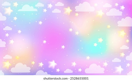 Fondo de cielo de unicornio de ensueño. Paisaje de arco iris mágico con nubes y estrellas para el diseño de la princesa de fantasía. Concepto de núcleo de sueño. Ilustración vectorial de archivo en estilo realista surrealista.