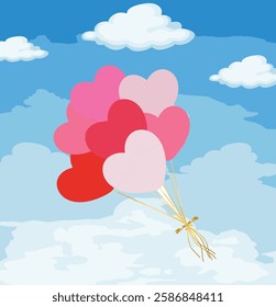 A dreamy Valentine's Day illustration featuring a bouquet of heart-shaped balloons in shades of red and pink floating against a bright blue sky with fluffy clouds. A perfect romantic.