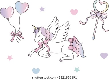 A dreamy vector illustration of a cute unicorn with a gradient mane wearing a ribbon and a heart magic wand and a heart balloon