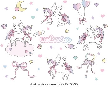 A dreamy vector illustration set of cute unicorns with gradation manes, stars, moons, hearts, balloons, wings, etc.