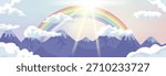 Dreamy vector landscape featuring purple snowy mountains, fluffy clouds, and a colorful rainbow under bright sun rays.