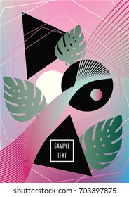 Dreamy Vector Surrealistic Minimal Business Cover. Modern Simple Poster with Tropical Exotic Plants. Monstera Leaves.
