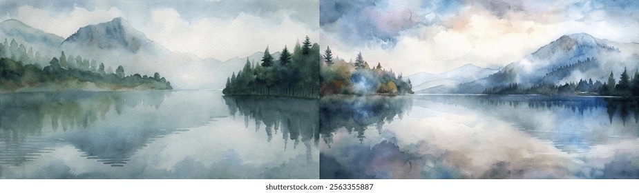 Dreamy watercolor artwork depicting foggy mountains and a still lake with reflections.