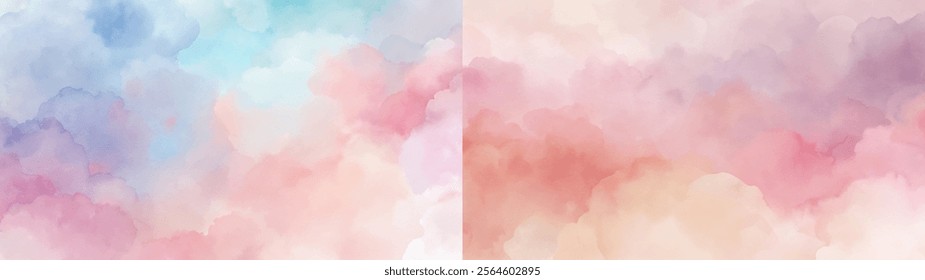 Dreamy watercolor clouds in soft tones evoke a peaceful and serene ambiance.