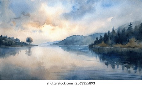 Dreamy watercolor landscape with a tranquil lake, soft clouds, and silhouetted trees against distant mountains.