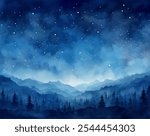 Dreamy Watercolor Night Sky Tranquil Nature Scene Vector Design. Ethereal beauty of starry night sky above mountain range. Blue hues and sparkling stars tranquility and wonder