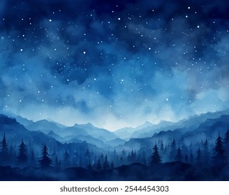 Dreamy Watercolor Night Sky Tranquil Nature Scene Vector Design. Ethereal beauty of starry night sky above mountain range. Blue hues and sparkling stars tranquility and wonder