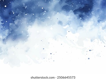 Dreamy watercolor painting of ethereal beauty of a serene night sky. Soft, fluffy clouds drift across the canvas in a mesmerizing dance of blues and whites, heavenly scene vector background