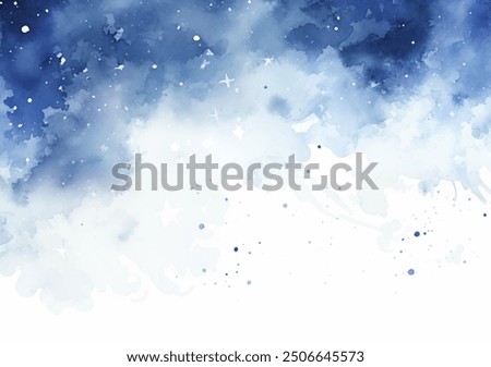 Dreamy watercolor painting of ethereal beauty of a serene night sky. Soft, fluffy clouds drift across the canvas in a mesmerizing dance of blues and whites, heavenly scene vector background