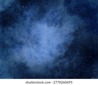 Dreamy watercolor vector background of starry night sky, deep blue universe with glowing stars, soft clouds and abstract cosmic texture, peaceful celestial illustration