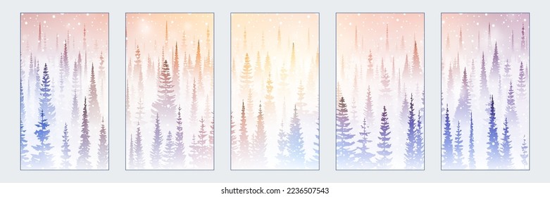 Dreamy winter forest. Set of winter backgrounds for social media stories. Vertical banner and wallpaper for phone.