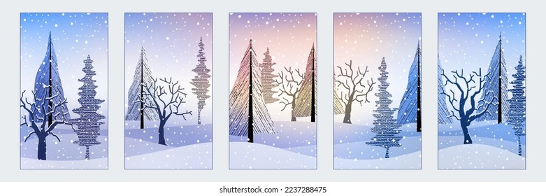 Dreamy winter forest. Set of winter backgrounds for social media stories. Vertical banner and wallpaper for phone.