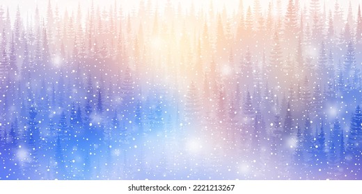 Dreamy winter forest, snowfall and bokeh effect, bright holiday background, vector illustration