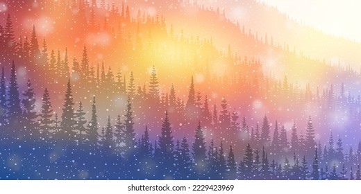 Dreamy winter forest, snowfall and bokeh effect, bright holiday background, vector illustration