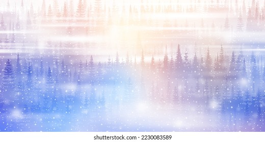 Dreamy winter forest, snowfall and bokeh effect, bright holiday background, vector illustration