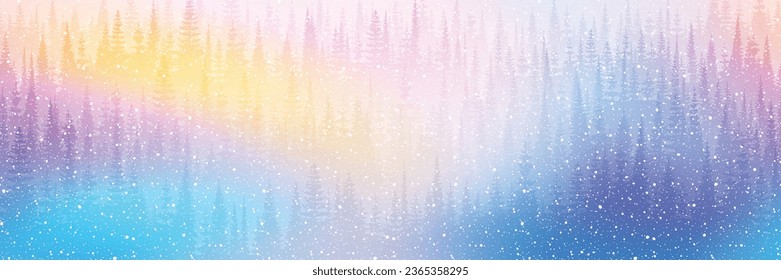 Bosque de invierno de ensueño, efecto de nevada y bokel, borde sin fisuras, vista panorámica, ilustración vectorial 