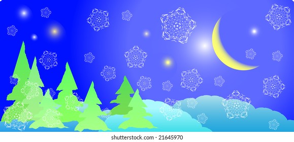 Dreamy winter landscape: enchanting vector scene depicts serene night setting filled with whimsical holiday cheer, dominated by tall stylized evergreen trees rendered in vibrant gradient greens that evoke living tranquility. These trees create rich depth and dimension with intricate layering, each uniquely shaped for visual interest amid lush foliage. Soft fluffy clouds in delicate blue shades establish tranquil backdrop, while deep royal blue gradient transitions to lighter tones capturing crisp winter evening essence. Elegant crescent moon glows softly in gentle yellow hue, casting serene illumination over scenery with subtle twinkling stars adding magical sparkle. Delicate intricate snowflakes drift across composition, each designed with lace-like patterns conveying whimsical nature of season. Harmonious palette blends cool blues, cheerful greens, and warm yellows, instilling calm joy through balanced composition where trees occupy lower third allowing expansive skyscape dominance. Playful inviting art style embodies winter spirit, ideal for family projects, seasonal decorations, children's illustrations, holiday marketing, and festive content creation.