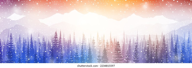 Dreamy winter landscape, mountains in sunset light, snowfall and bokeh effect, panoramic view