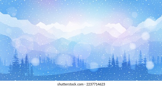 Dreamy winter landscape  snow  capped mountains  blizzard   bokeh effect  holiday vector illustration