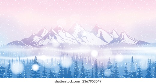 Dreamy winter landscape, snow-capped mountains, blizzard and bokeh effect, holiday vector illustration