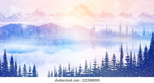 Dreamy winter landscape. Sunset on the mountain lake, picturesque reflection, vector illustration.