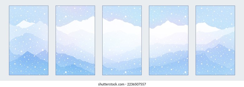 Dreamy winter mountains. Set of winter backgrounds for social media stories. Vertical banner and wallpaper for phone.