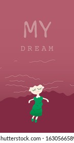 Dreamy woman flies. Cute girl with flowing hair and closed eyes. Inspirational concept Girl and Dreams. Vector illustration in flat cartoon style.