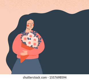 Dreamy woman holding a bouquet of flowers. Concept for the  Mother's day, Valentine's day, March 8 women's day. Cute girl with flowing hair (place for text)