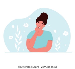 A dreamy woman sits with her chin in her hand. The girl thought about pleasant things. Vector flat graphics.