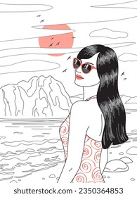 Dreamy woman walks on the beach at sunset. Beautiful brunette and serenity monochrome landscape with red sun, mountains and flying birds in line art style. Vector minimalistic illustration.