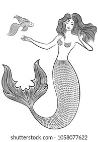 Dreamy Wonder Mermaid with luxurious loose wavy hair and long scales fish tail and with fish, vector illustration