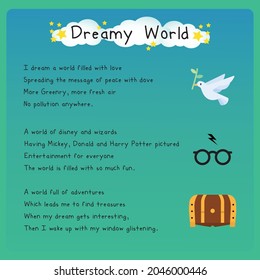 Dreamy World Poem Vector Illustration. World Of Dream Writing For Kids. Creative Writing For Kids On Dreamy World With Clouds, Stars And Pictures.