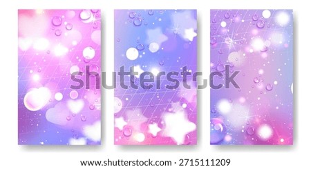 Dreamy y2k anime backgrounds set. Vector realistic illustration of abstract pink and purple gradient wallpaper with water drops, bokeh sparks, stars, wireframe design elements, fantasy pastel poster