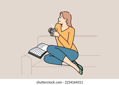 Dreamy young man sit on sofa reading book drinking coffee. Happy girl relax on couch in living room with warm beverage. Vector illustration. 