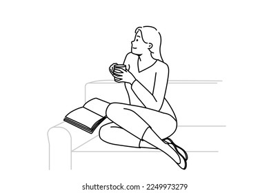 Dreamy young man sit on sofa reading book drinking coffee. Happy girl relax on couch in living room with warm beverage. Vector illustration. 