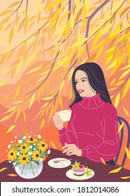 Dreamy young woman drinking coffee and enjoying the autumn. Fall season view with falling yellow leaves, bright flowers and warm windy weather. Beautiful girl sitting at table vector flat illustration